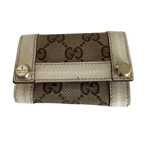 Gucci trifold keychain HH canvas logo signature white leather trim